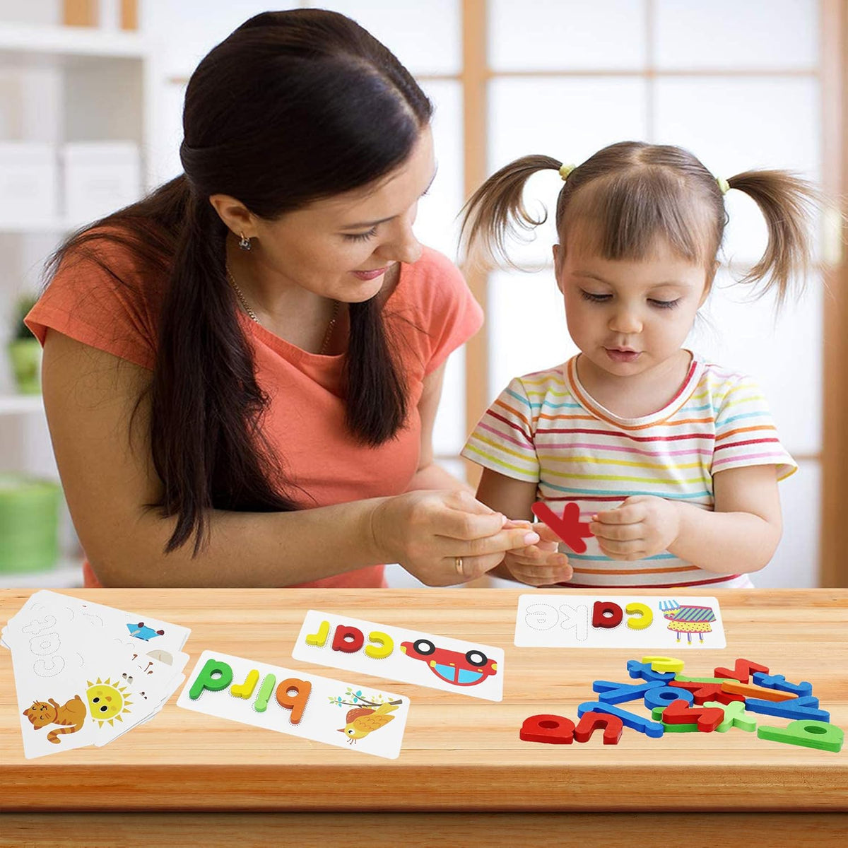 Little Spellers ABC Word Builder Wooden Letter Matching Game with 52 Wooden Letters 56 Word Cards for Kids Ages 3 to 6