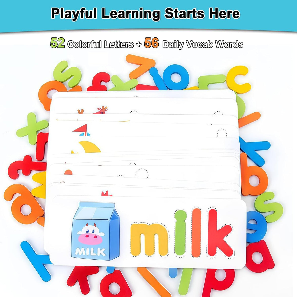 Little Spellers ABC Word Builder Wooden Letter Matching Game with 52 Wooden Letters 56 Word Cards for Kids Ages 3 to 6
