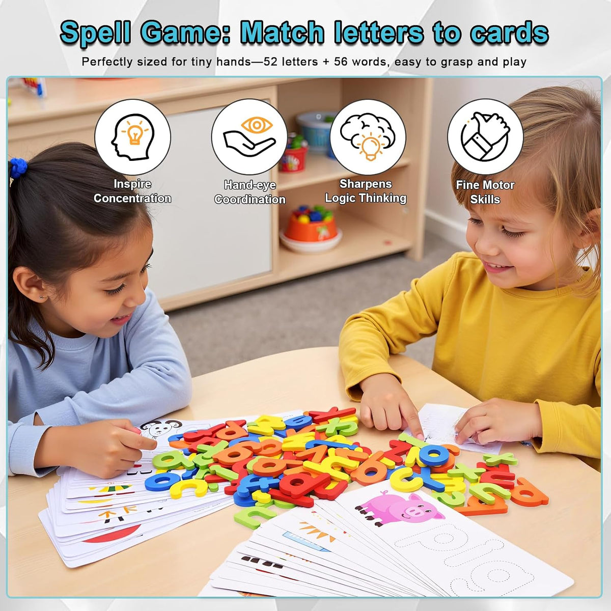 Little Spellers ABC Word Builder Wooden Letter Matching Game with 52 Wooden Letters 56 Word Cards for Kids Ages 3 to 6