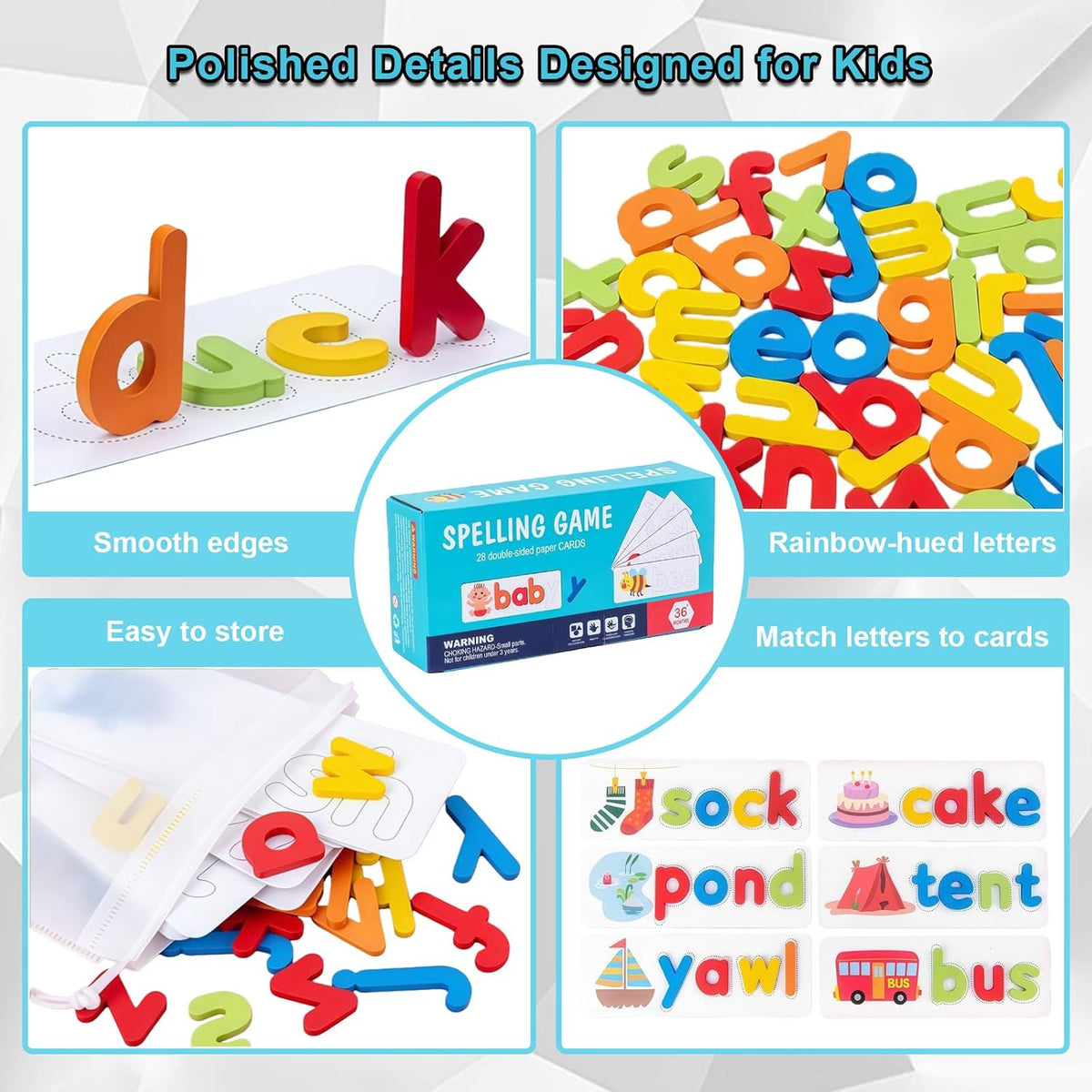 Little Spellers ABC Word Builder Wooden Letter Matching Game with 52 Wooden Letters 56 Word Cards for Kids Ages 3 to 6