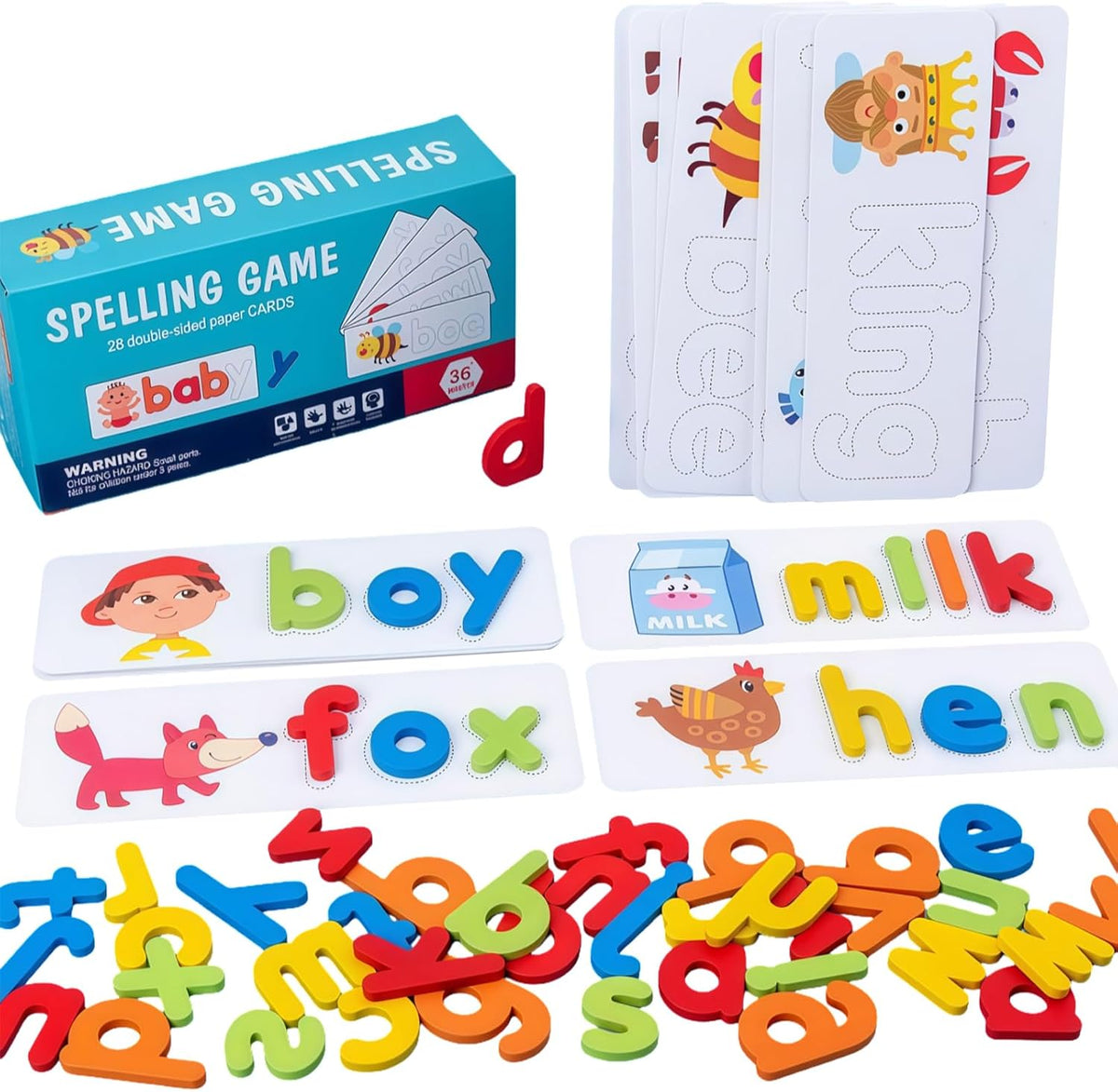 Little Spellers ABC Word Builder Wooden Letter Matching Game with 52 Wooden Letters 56 Word Cards for Kids Ages 3 to 6