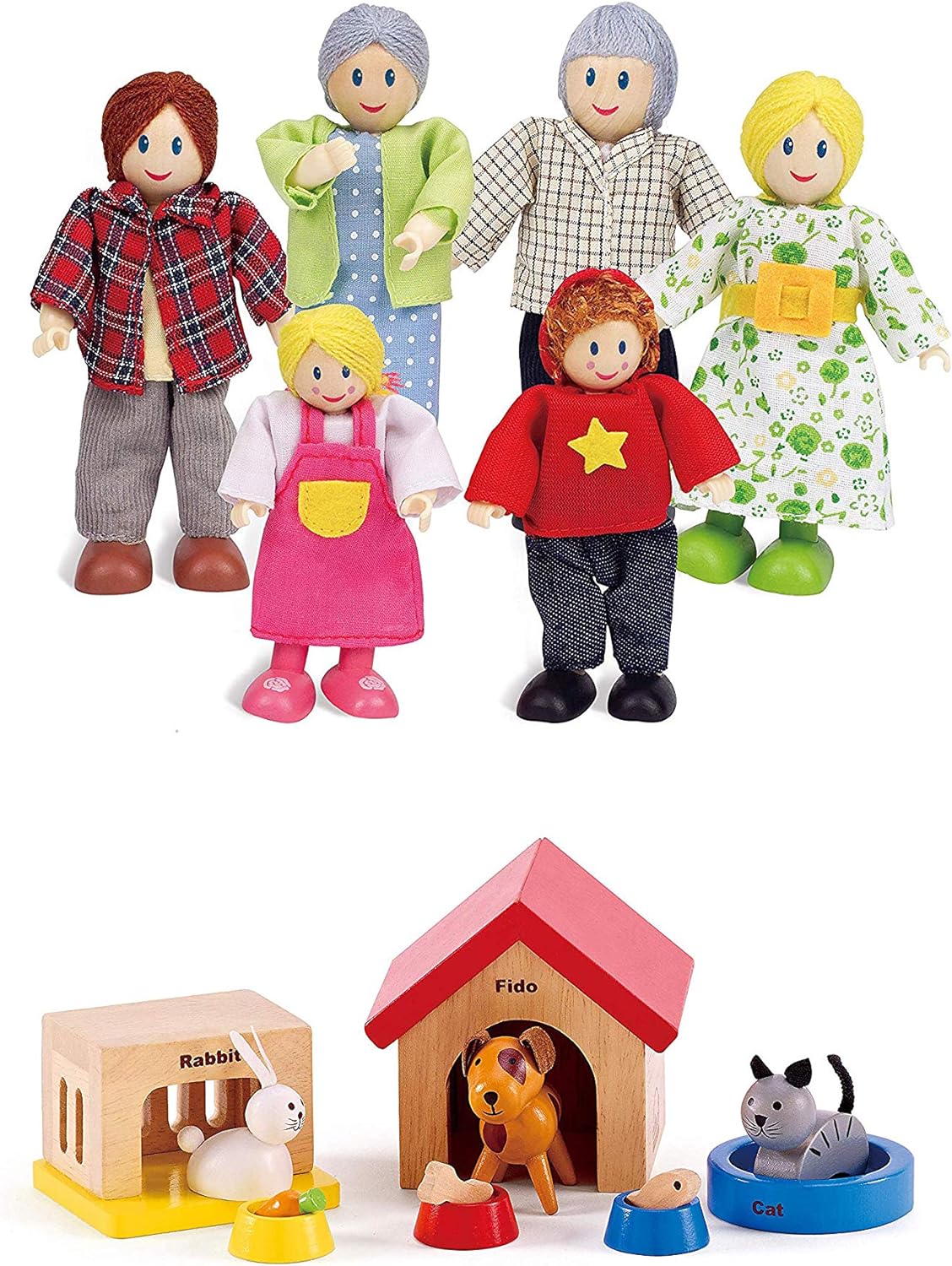 Happy Family Wooden Dollhouse Playset with Family Dolls and Pets Complete Montessori Pretend Play Set for Kids Ages 3+