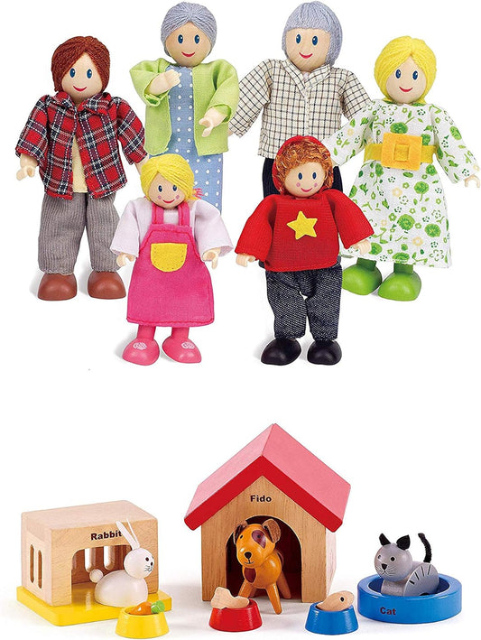 Happy Family Wooden Dollhouse Playset with Family Dolls and Pets Complete Montessori Pretend Play Set for Kids Ages 3+