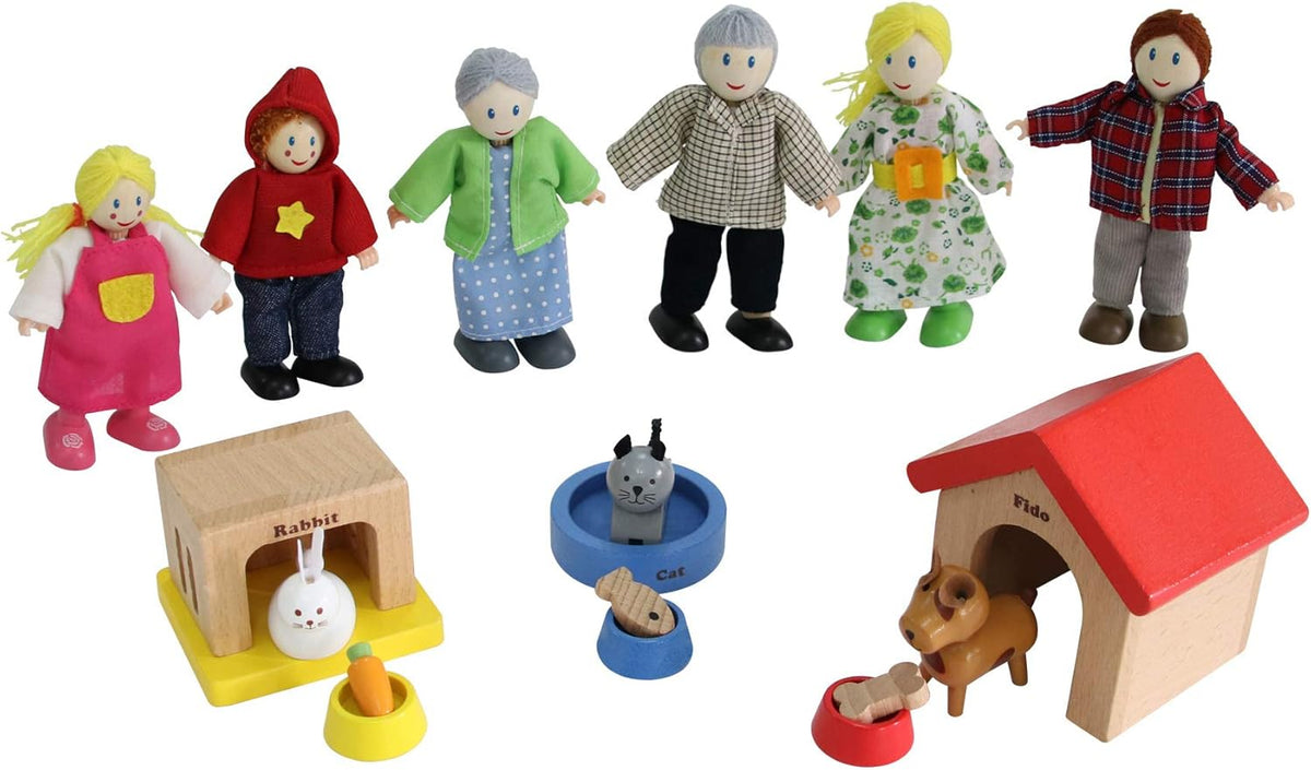 Happy Family Wooden Dollhouse Playset with Family Dolls and Pets Complete Montessori Pretend Play Set for Kids Ages 3+