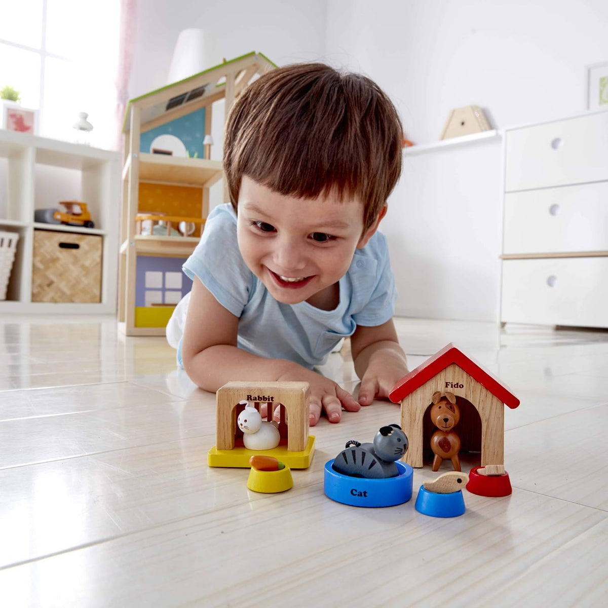 Happy Family Wooden Dollhouse Playset with Family Dolls and Pets Complete Montessori Pretend Play Set for Kids Ages 3+