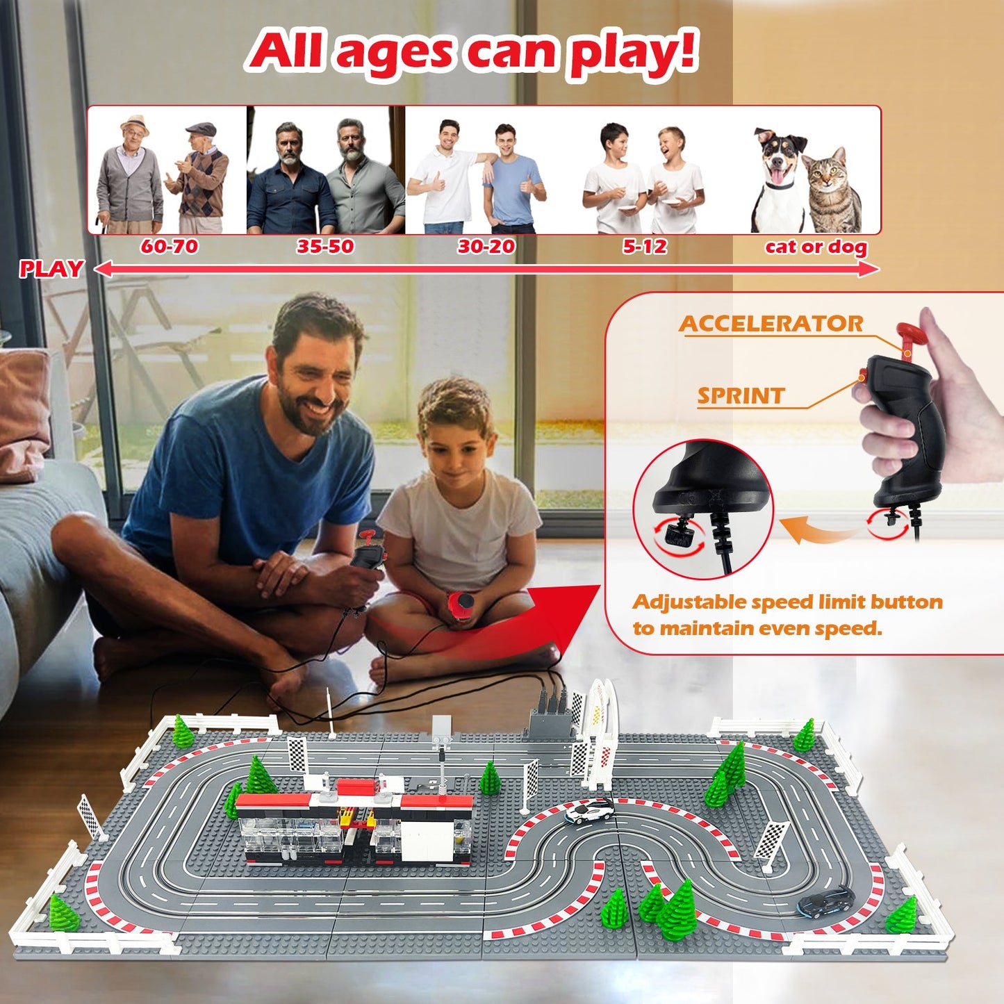Slot Cars Race Track Sets, with 2 tracks 2 controllers 2 cars, Adjustable Speed, Block Building Slot Car Race Set,Christmas present， Toys Gifts